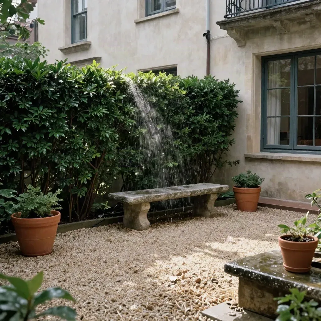 Cortile con siepi di bosso, ghiaia bagnata, vasi in terracotta e panca in pietra dopo la pioggia.