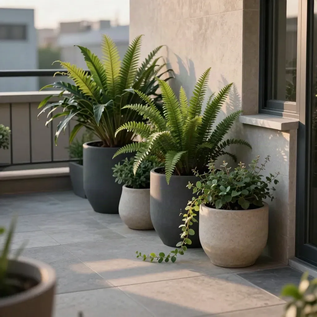 Terrazzo urbano con vasi leggeri, felci e luce calda su pavimento libero.