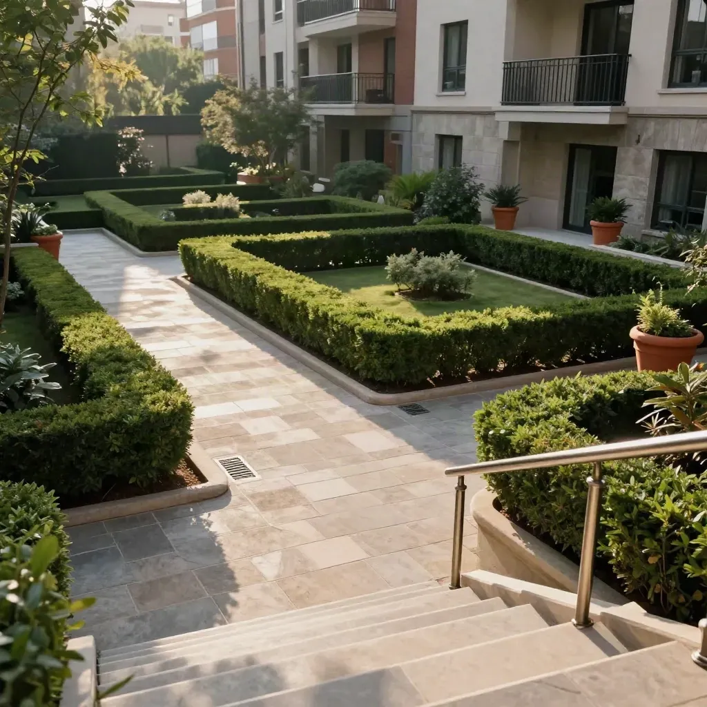 Cortile condominiale ordinato con siepi potate, pavimento pulito e vasi in terracotta.