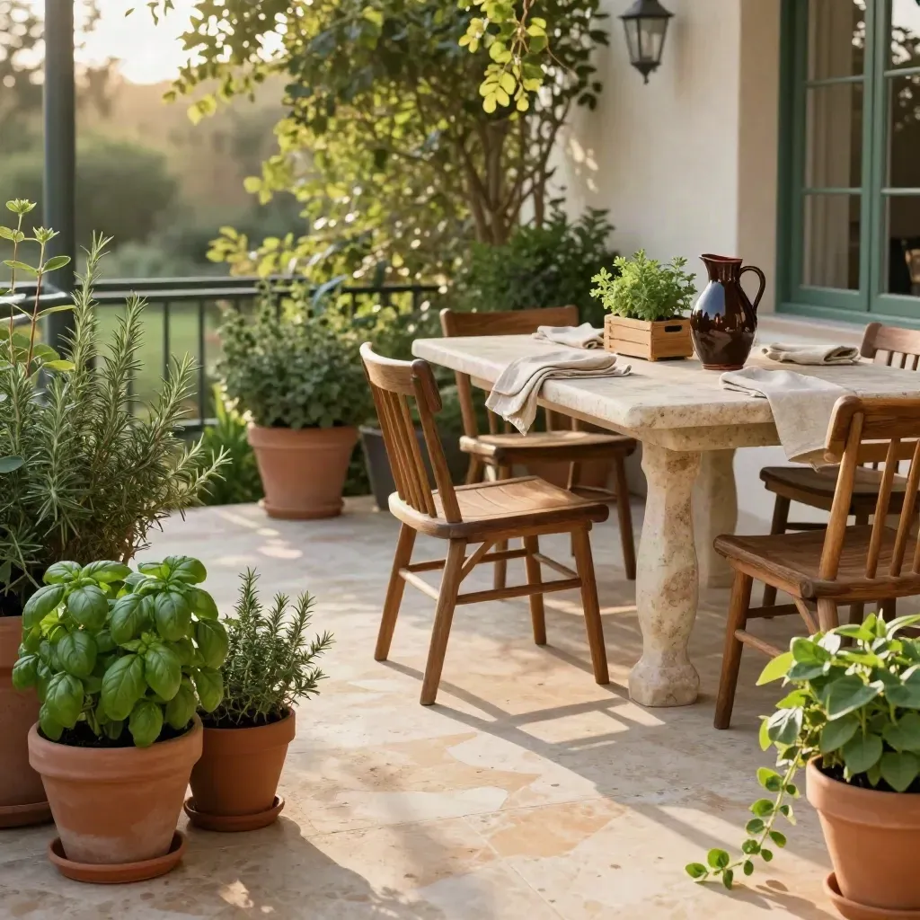 Patio con erbe aromatiche, tavolo pulito e sedie ordinate nella luce dorata.