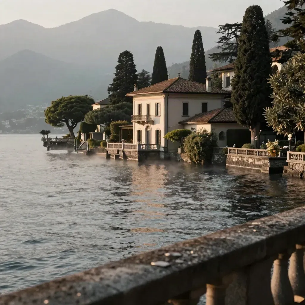 Veduta del Lago di Como con ville e cipressi nella foschia dorata