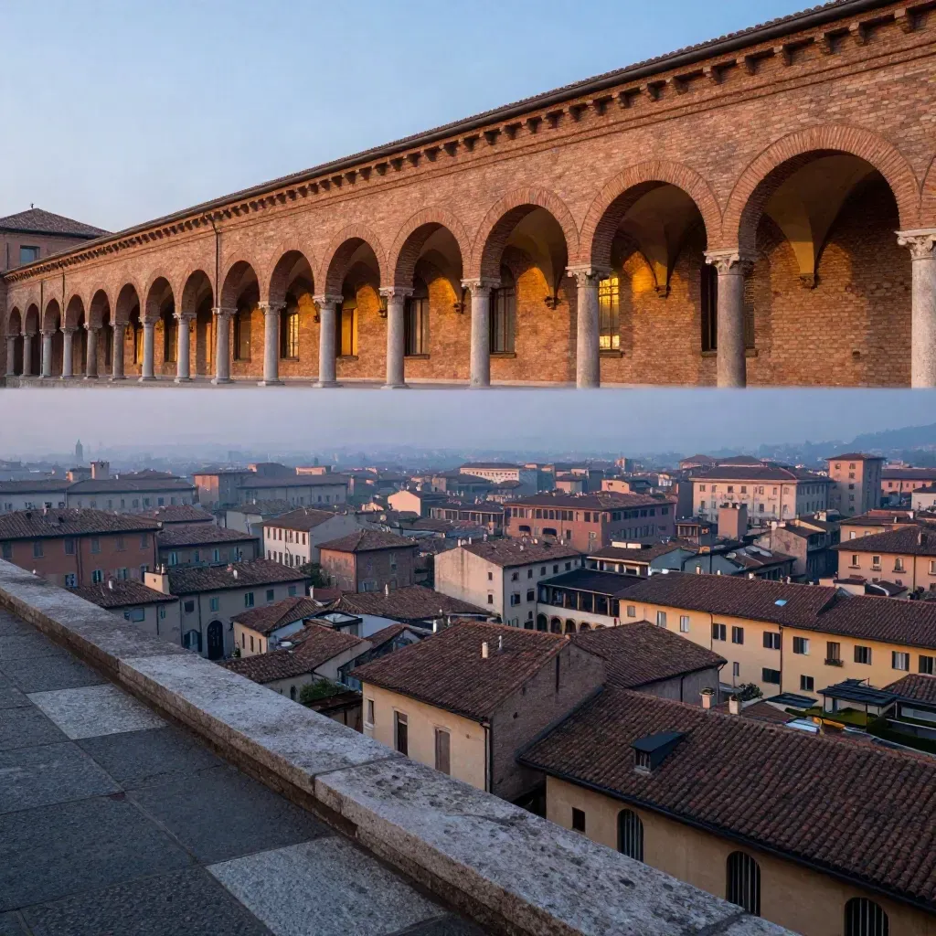 Arcate in mattoni di Bologna al crepuscolo, tetti terracotta e cielo velato